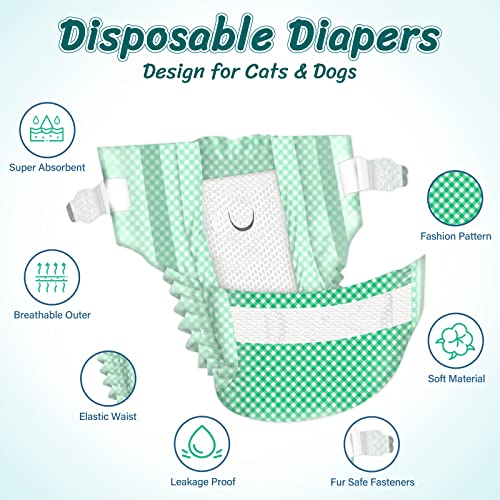Pet Soft Disposable Cat Diapers XXS - 24 Pack Green Plaid for Small Pets Under 5 lbs
