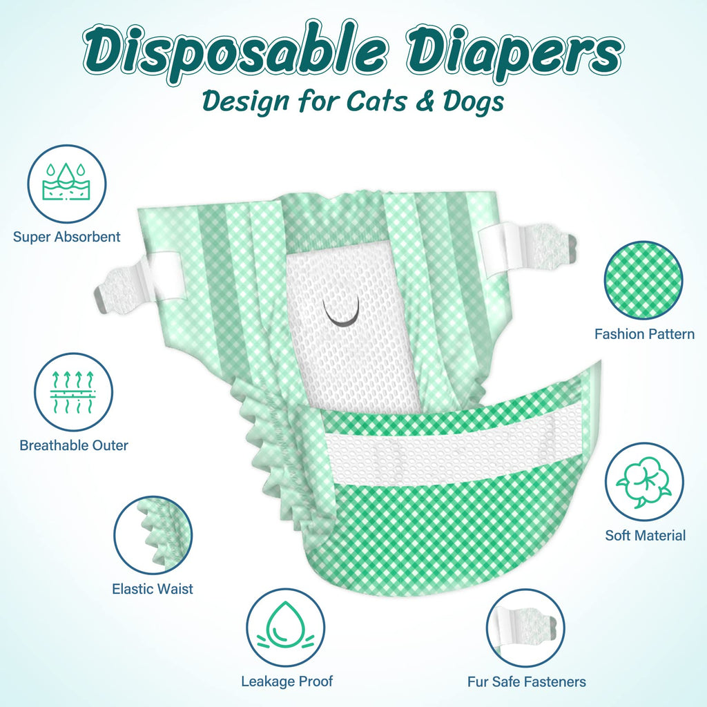 Pet Soft Disposable Cat Diapers XXS - 24 Pack Green Plaid for Small Pets Under 5 lbs