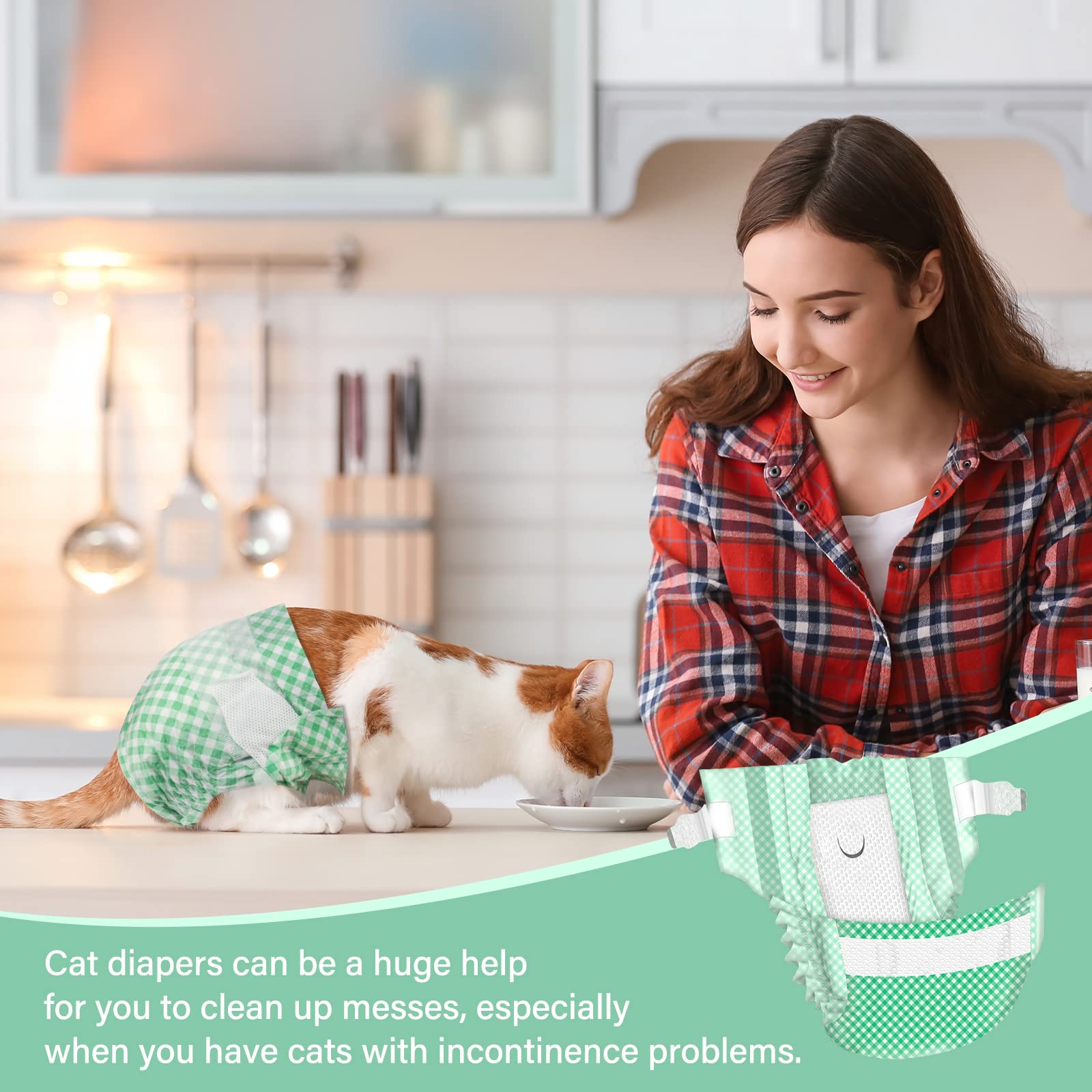 Pet Soft Disposable Cat Diapers XXS - 24 Pack Green Plaid for Small Pets Under 5 lbs