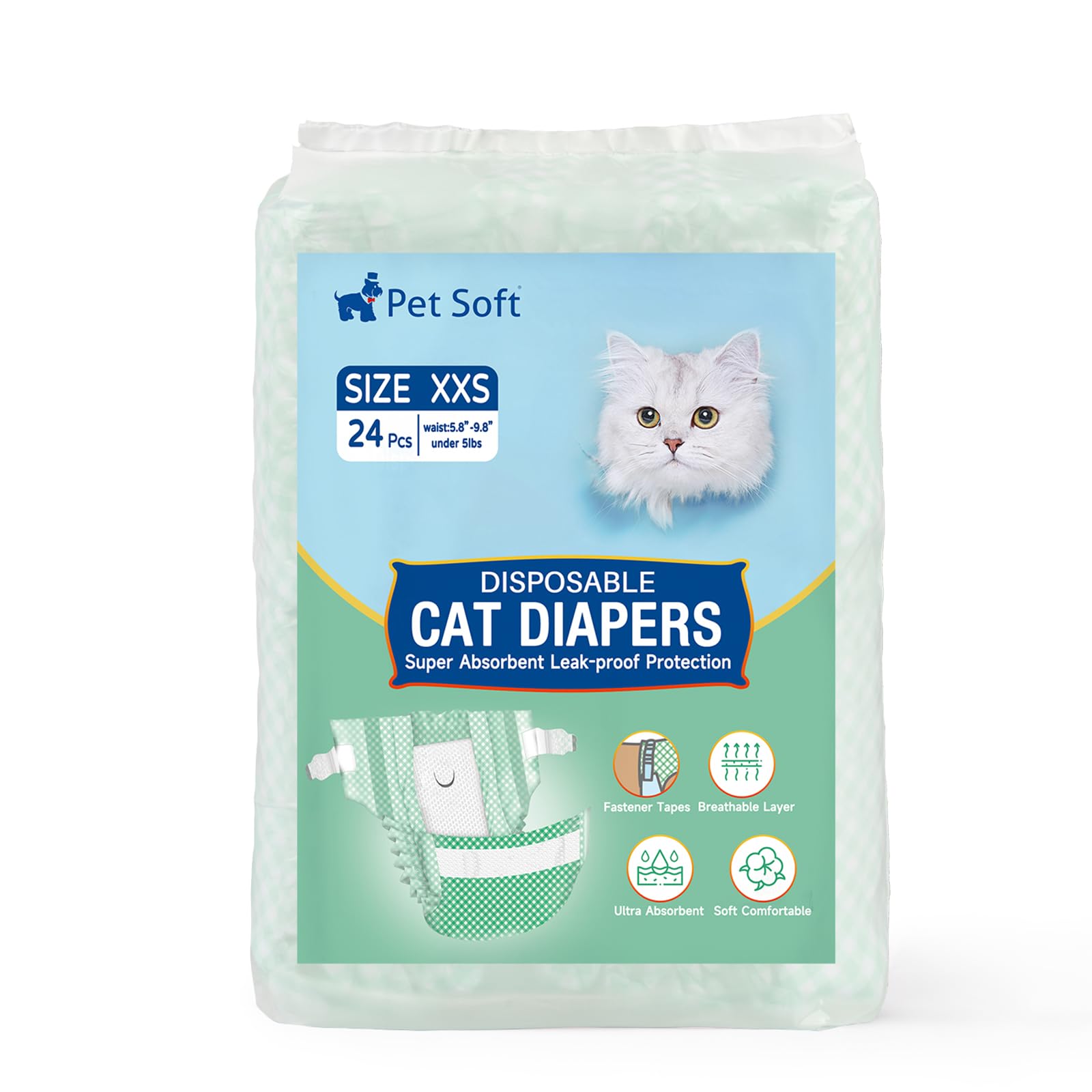 Pet Soft Disposable Cat Diapers XXS - 24 Pack Green Plaid for Small Pets Under 5 lbs