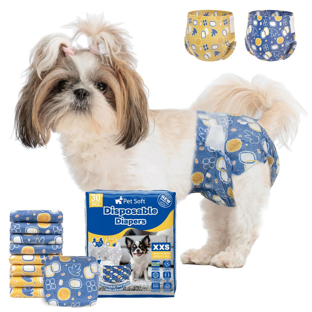 Pet Soft Disposable Dog Diapers for Females - XXS, 30 Pack with Wetness Indicator, Mixed Patterns