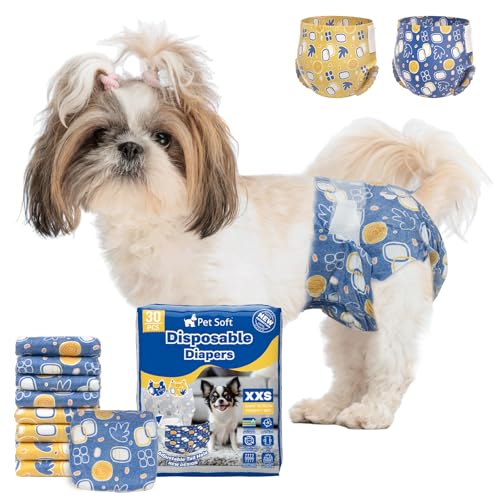 Pet Soft Disposable Dog Diapers for Females - XXS, 30 Pack with Wetness Indicator, Mixed Patterns