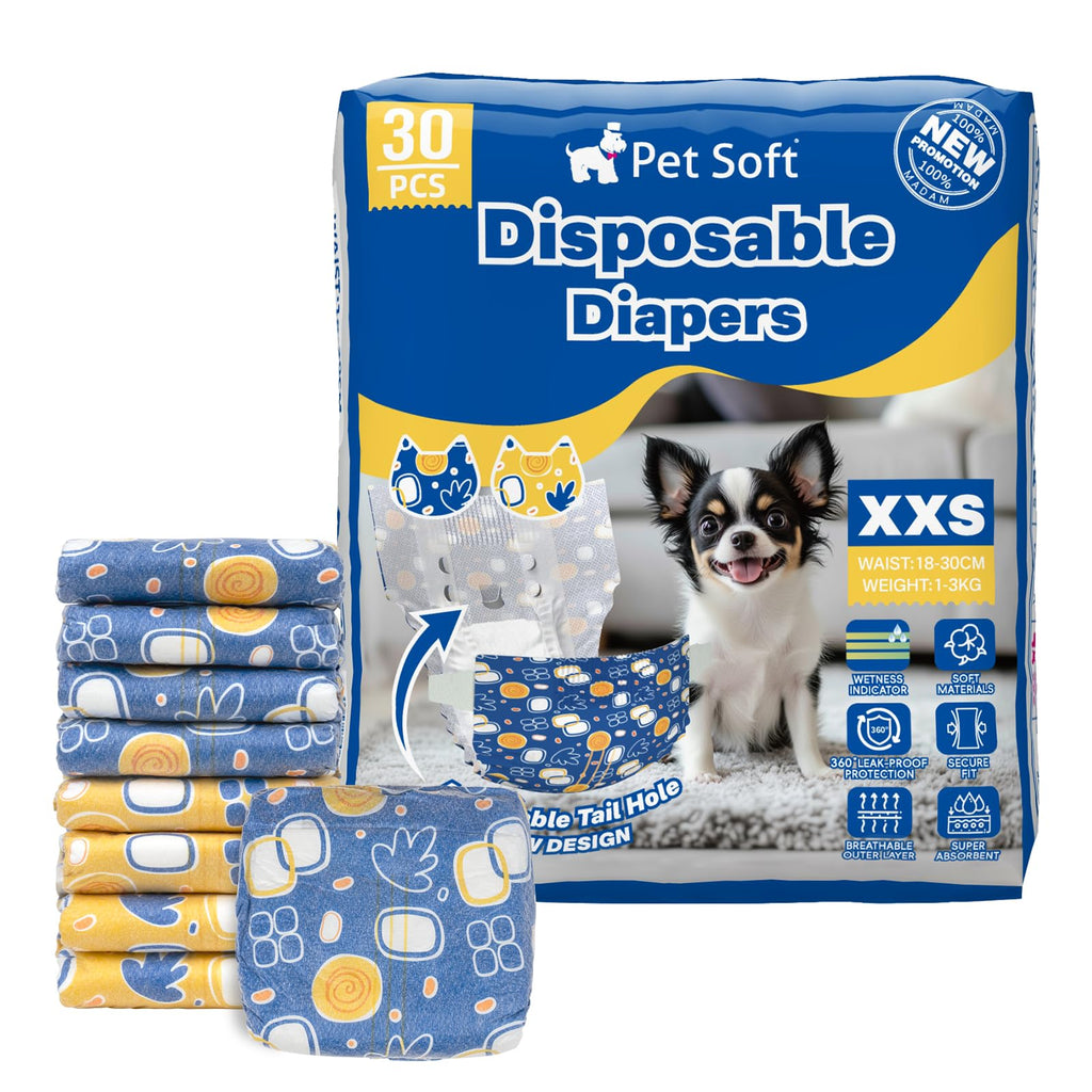 Pet Soft Disposable Dog Diapers for Females - XXS, 30 Pack with Wetness Indicator, Mixed Patterns