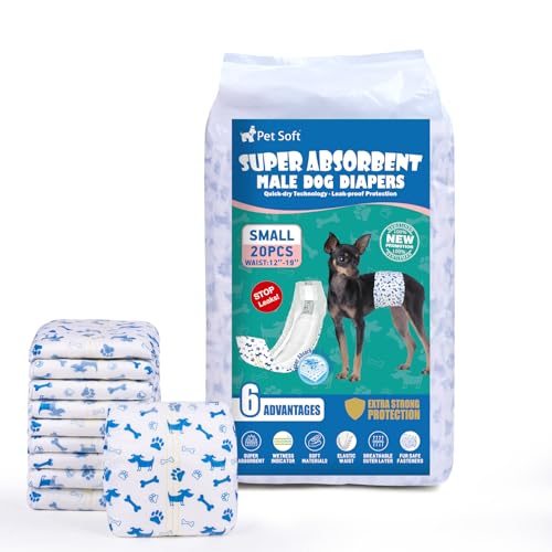 Pet Soft Disposable Male Dog Diapers, Small 20-Pack with Wetness Indicator, Blue