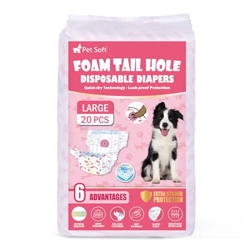 Pet Soft Large Disposable Dog Diapers for Females - 20 Pack with Wetness Indicator, Adjustable Foam Tail Hole - Red