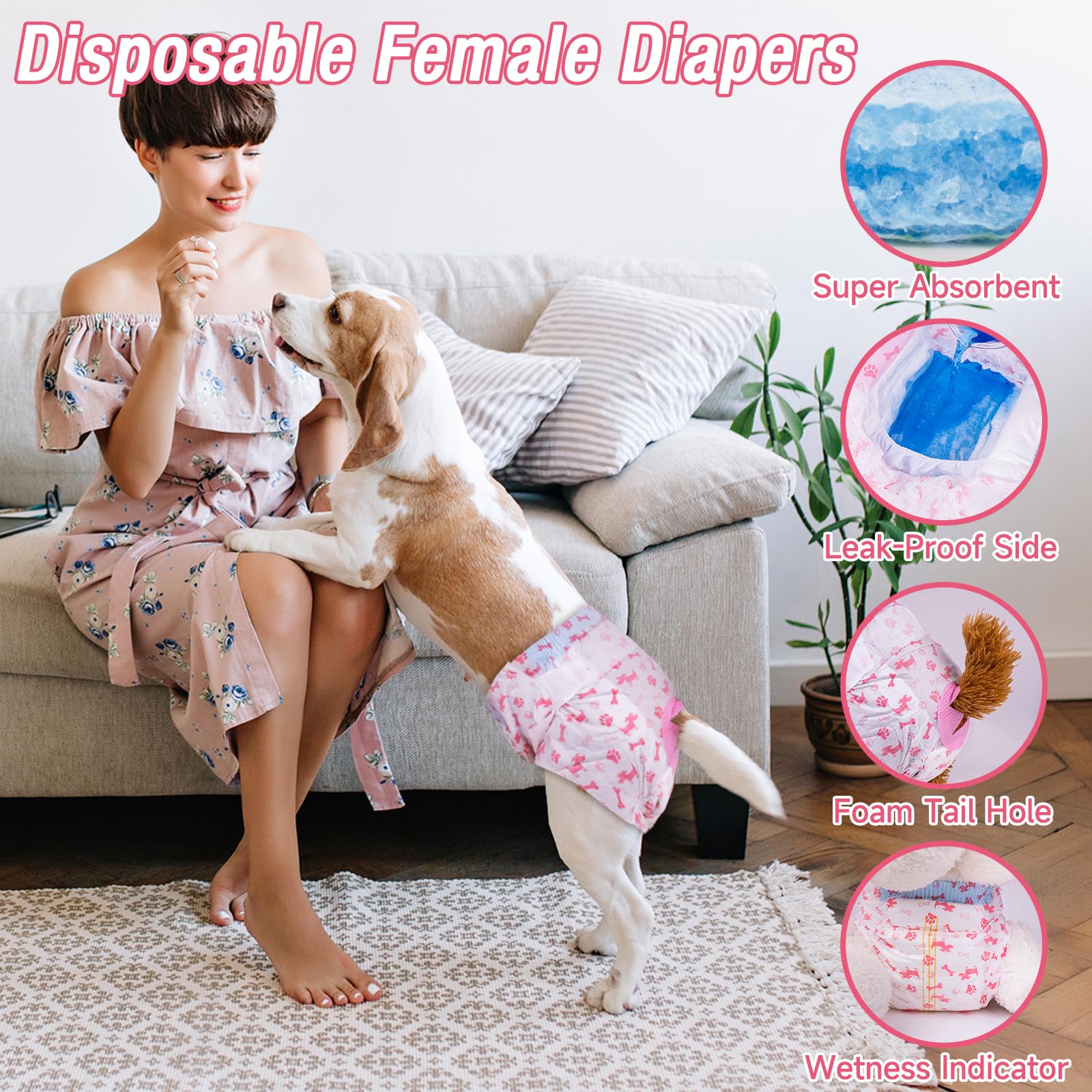 Pet Soft Large Disposable Dog Diapers for Females - 20 Pack with Wetness Indicator, Adjustable Foam Tail Hole - Red
