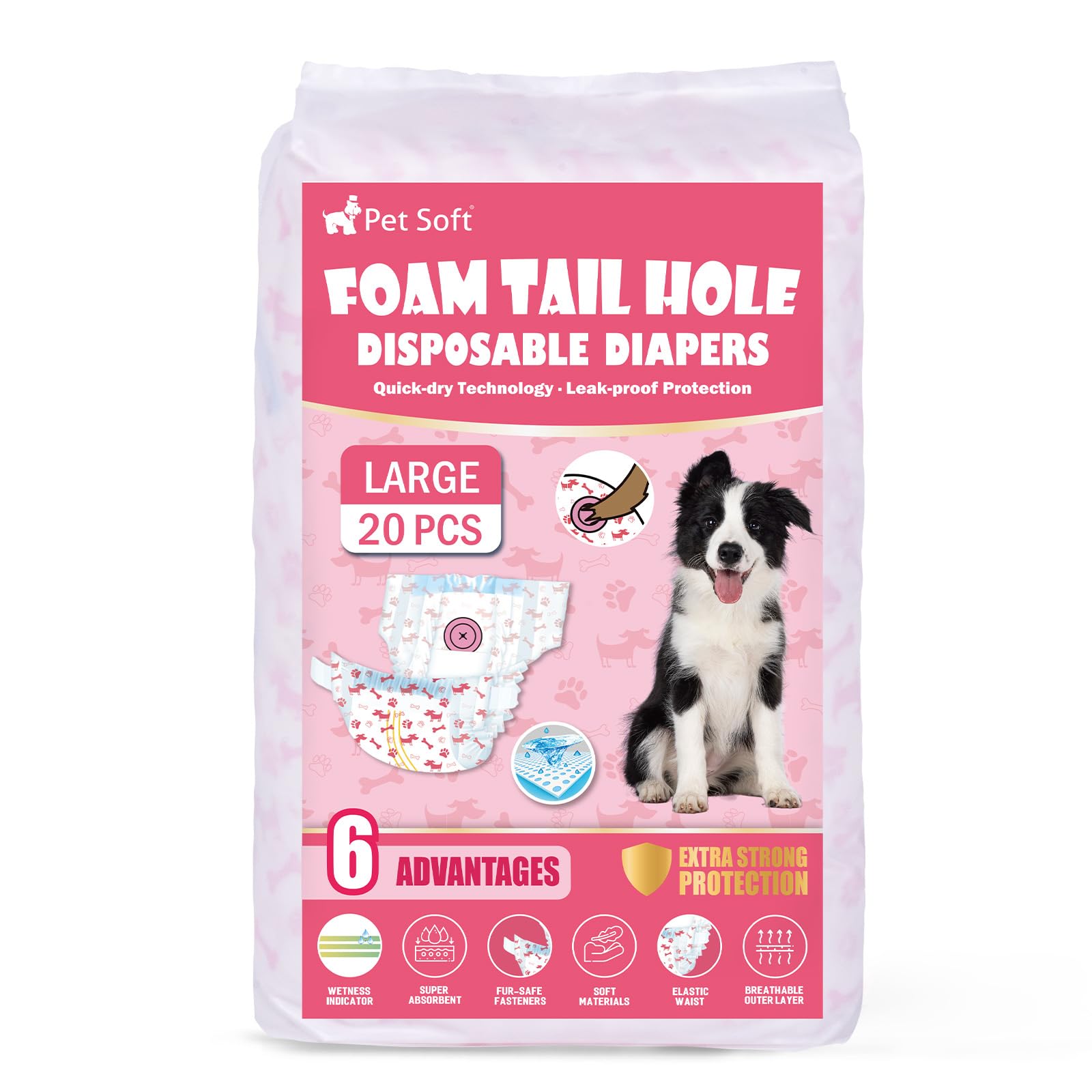 Pet Soft Large Disposable Dog Diapers for Females - 20 Pack with Wetness Indicator, Adjustable Foam Tail Hole - Red