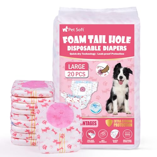 Pet Soft Large Disposable Dog Diapers for Females - 20 Pack with Wetness Indicator, Adjustable Foam Tail Hole - Red
