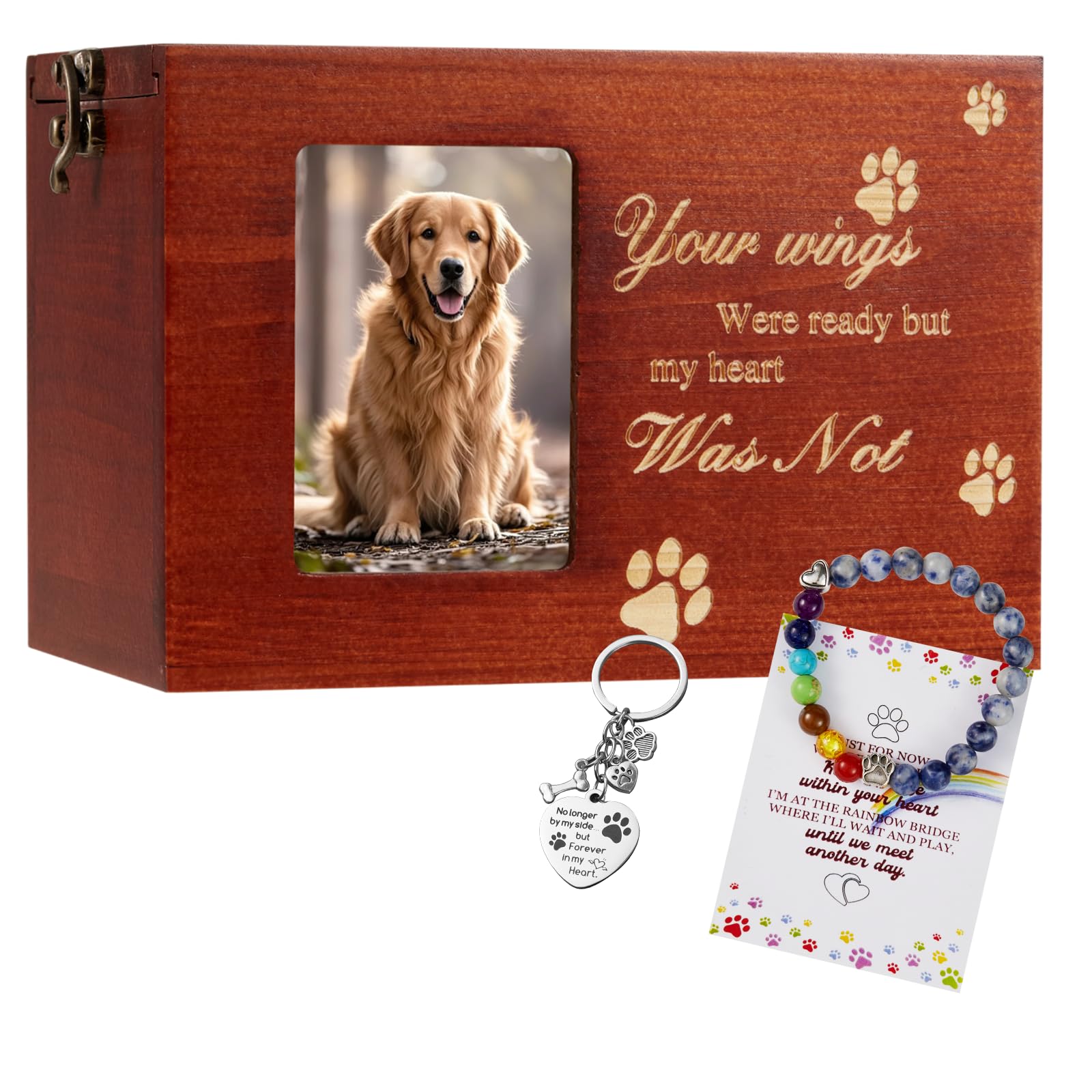 Pet Urn for Dog or Cat Ashes, Medium Wooden Memorial Box with Photo Frame, Bracelet & Keychain Set - Rainbow Bridge Keepsake