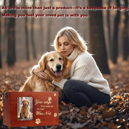 Pet Urn for Dog or Cat Ashes, Medium Wooden Memorial Box with Photo Frame, Bracelet & Keychain Set - Rainbow Bridge Keepsake
