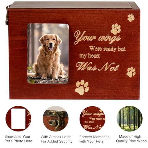 Pet Urn for Dog or Cat Ashes, Medium Wooden Memorial Box with Photo Frame, Bracelet & Keychain Set - Rainbow Bridge Keepsake
