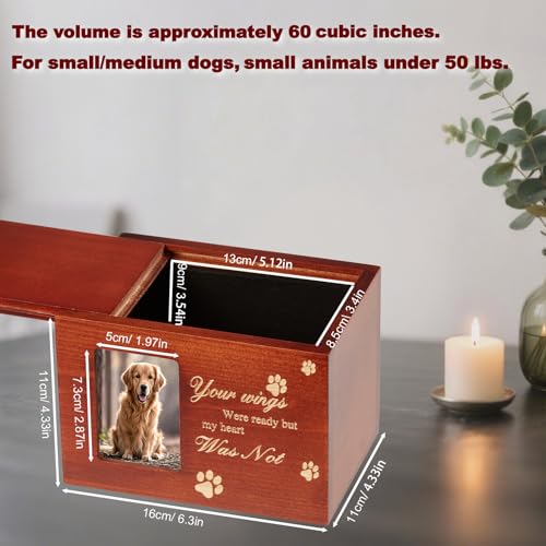 Pet Urn for Dog or Cat Ashes, Medium Wooden Memorial Box with Photo Frame, Bracelet & Keychain Set - Rainbow Bridge Keepsake