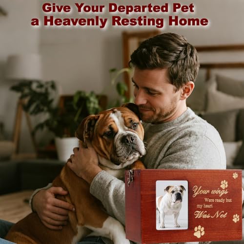 Pet Urn for Dog or Cat Ashes, Medium Wooden Memorial Box with Photo Frame, Bracelet & Keychain Set - Rainbow Bridge Keepsake