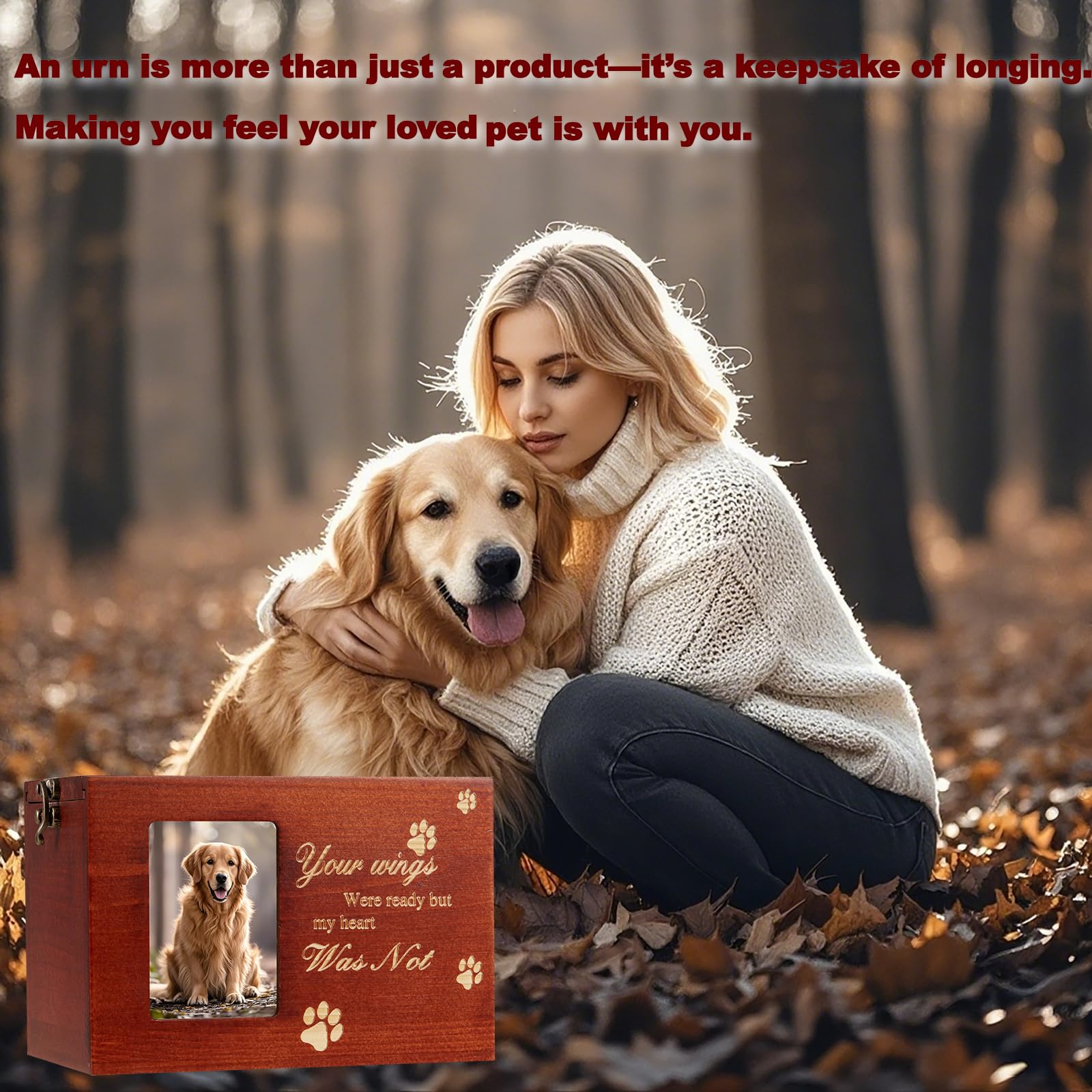 Pet Urn for Dog or Cat Ashes, Medium Wooden Memorial Box with Photo Frame, Bracelet & Keychain Set - Rainbow Bridge Keepsake