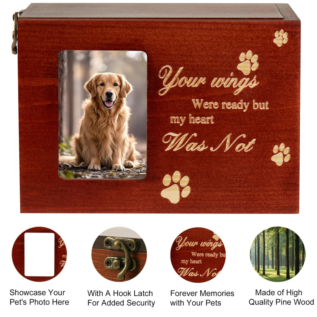Pet Urn for Dog or Cat Ashes, Medium Wooden Memorial Box with Photo Frame, Bracelet & Keychain Set - Rainbow Bridge Keepsake