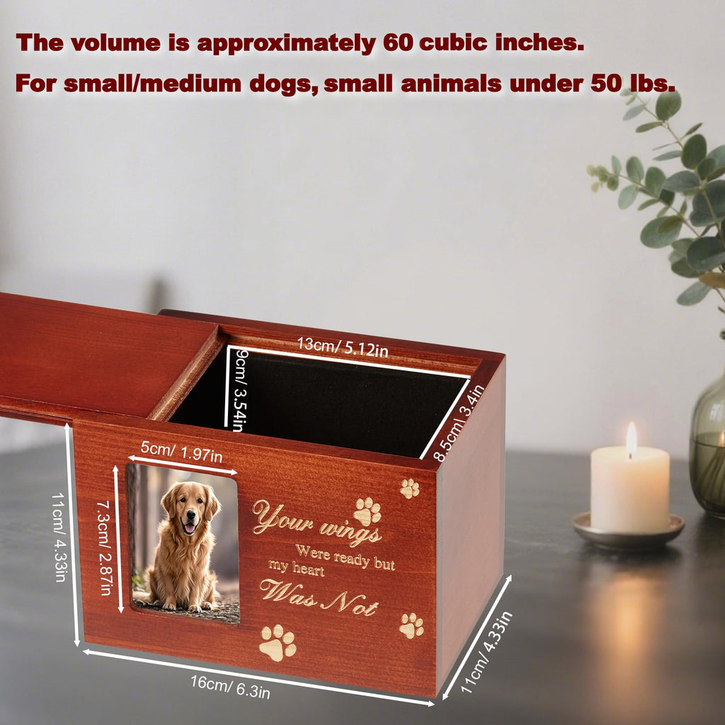 Pet Urn for Dog or Cat Ashes, Medium Wooden Memorial Box with Photo Frame, Bracelet & Keychain Set - Rainbow Bridge Keepsake