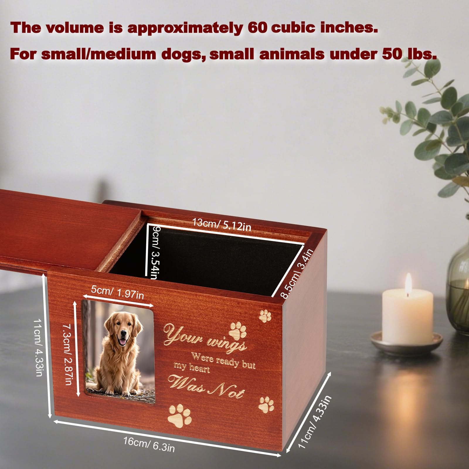 Pet Urn for Dog or Cat Ashes, Medium Wooden Memorial Box with Photo Frame, Bracelet & Keychain Set - Rainbow Bridge Keepsake