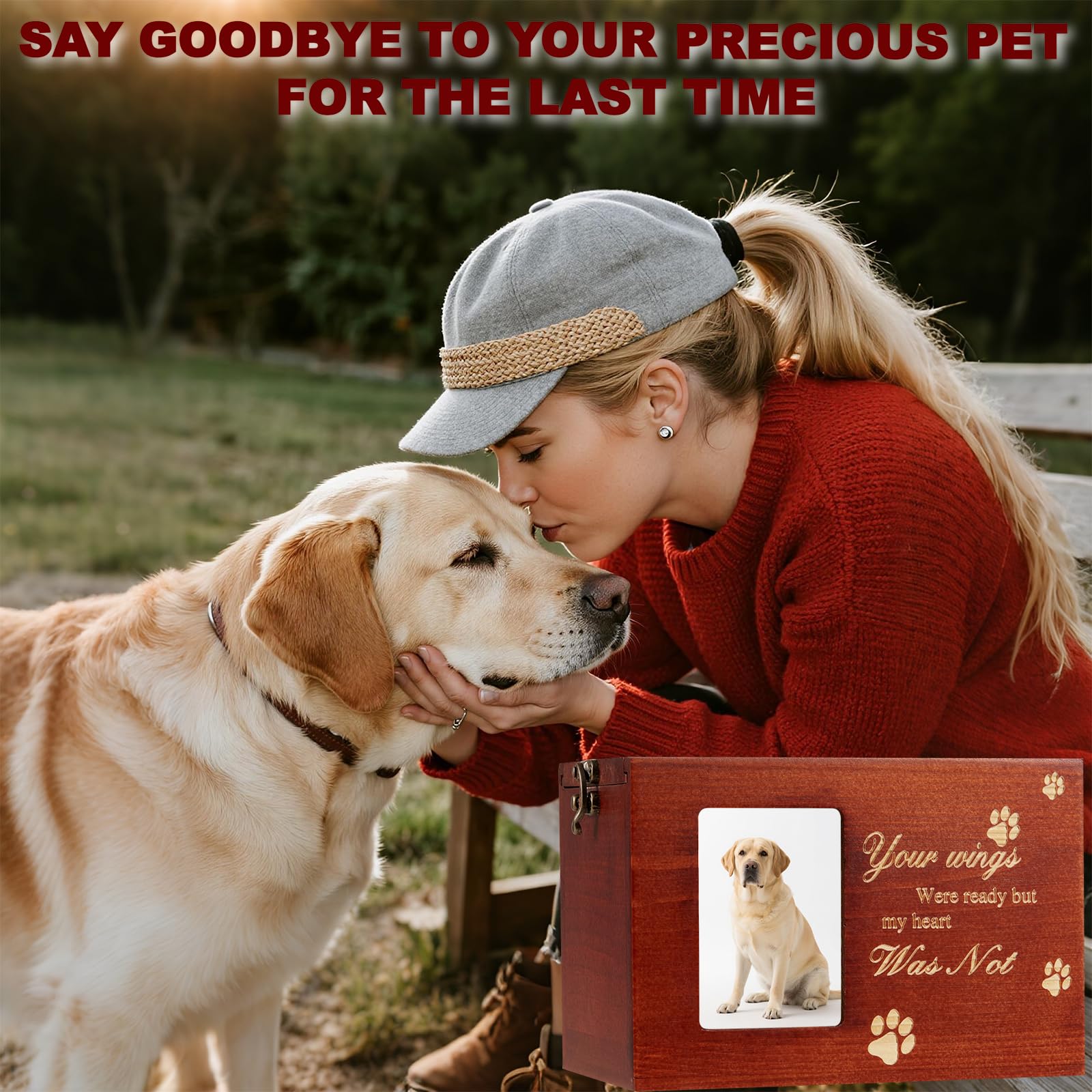 Pet Urn for Dog or Cat Ashes, Medium Wooden Memorial Box with Photo Frame, Bracelet & Keychain Set - Rainbow Bridge Keepsake