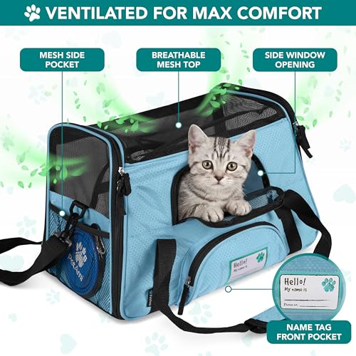 PetAmi Airline Approved Pet Carrier - Soft Sided Travel Bag for Cats & Small Dogs, Light Blue, 17x10x11 inches