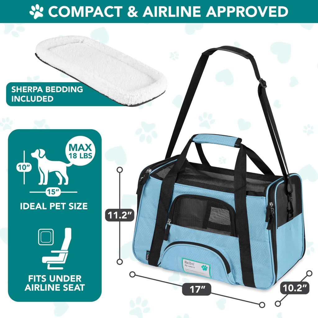 PetAmi Airline Approved Pet Carrier - Soft Sided Travel Bag for Cats & Small Dogs, Light Blue, 17x10x11 inches