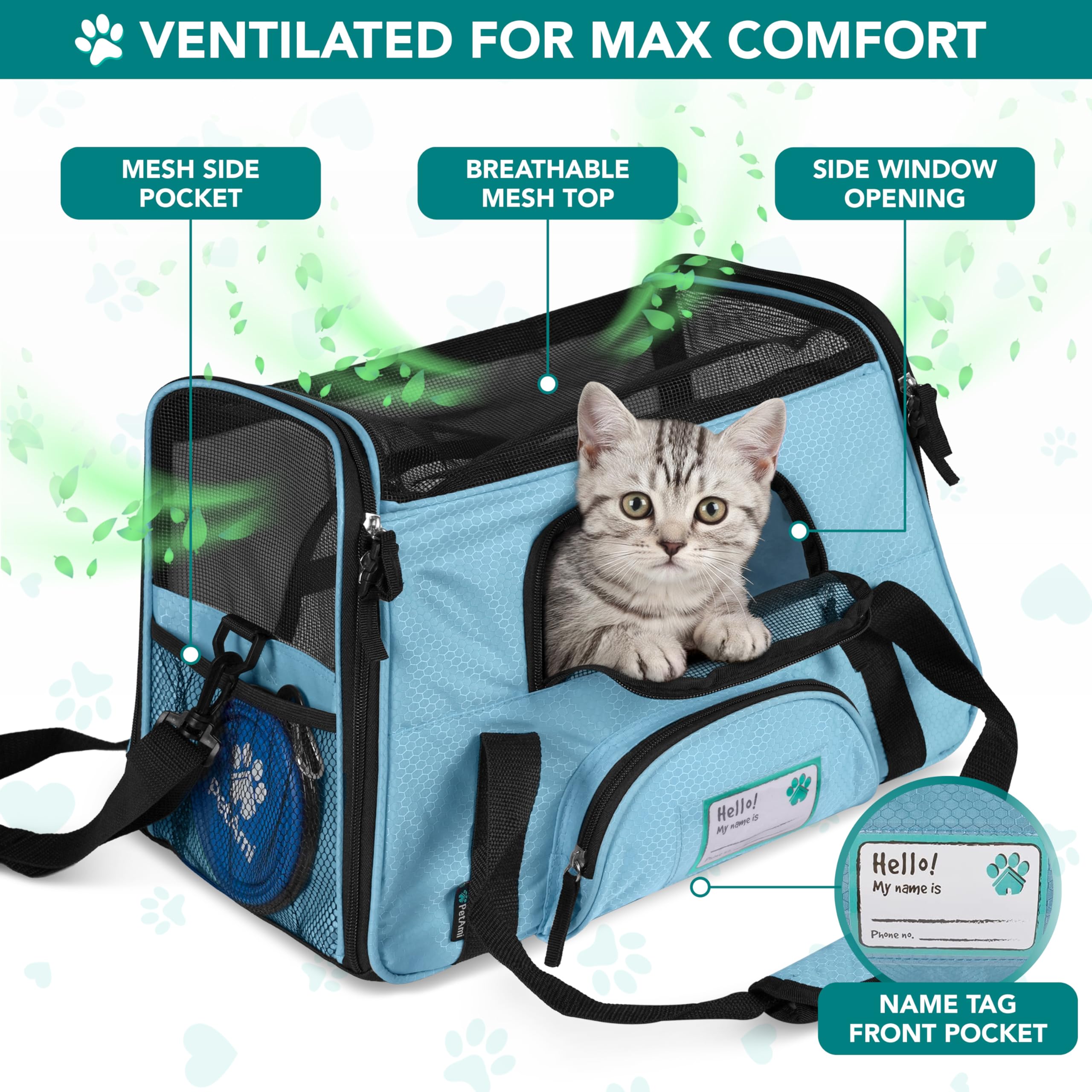 PetAmi Airline Approved Pet Carrier - Soft Sided Travel Bag for Cats & Small Dogs, Light Blue, 17x10x11 inches