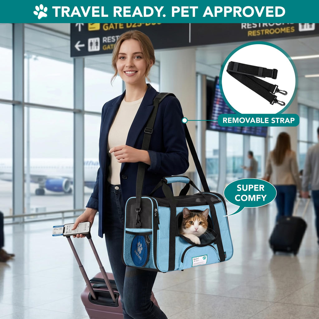 PetAmi Airline Approved Pet Carrier - Soft Sided Travel Bag for Cats & Small Dogs, Light Blue, 17x10x11 inches