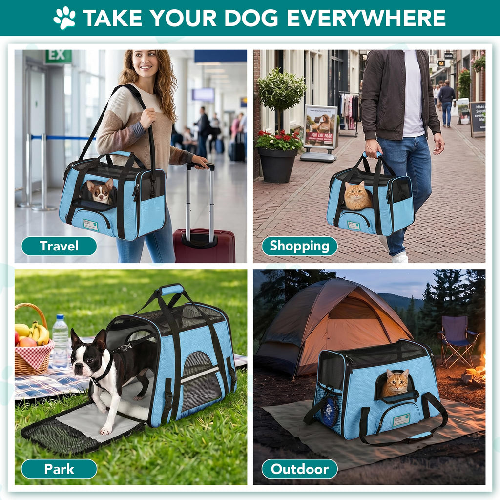 PetAmi Airline Approved Pet Carrier - Soft Sided Travel Bag for Cats & Small Dogs, Light Blue, 17x10x11 inches