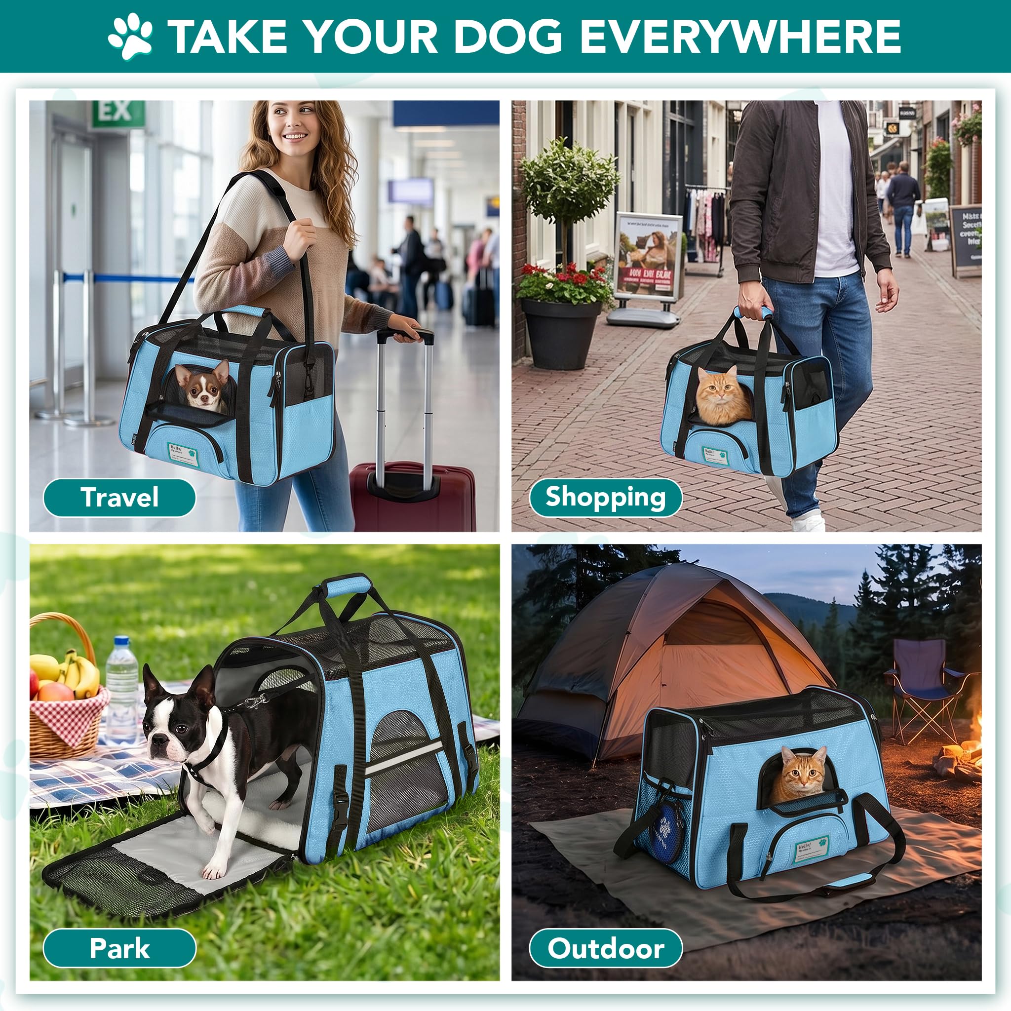 PetAmi Airline Approved Pet Carrier - Soft Sided Travel Bag for Cats & Small Dogs, Light Blue, 17x10x11 inches