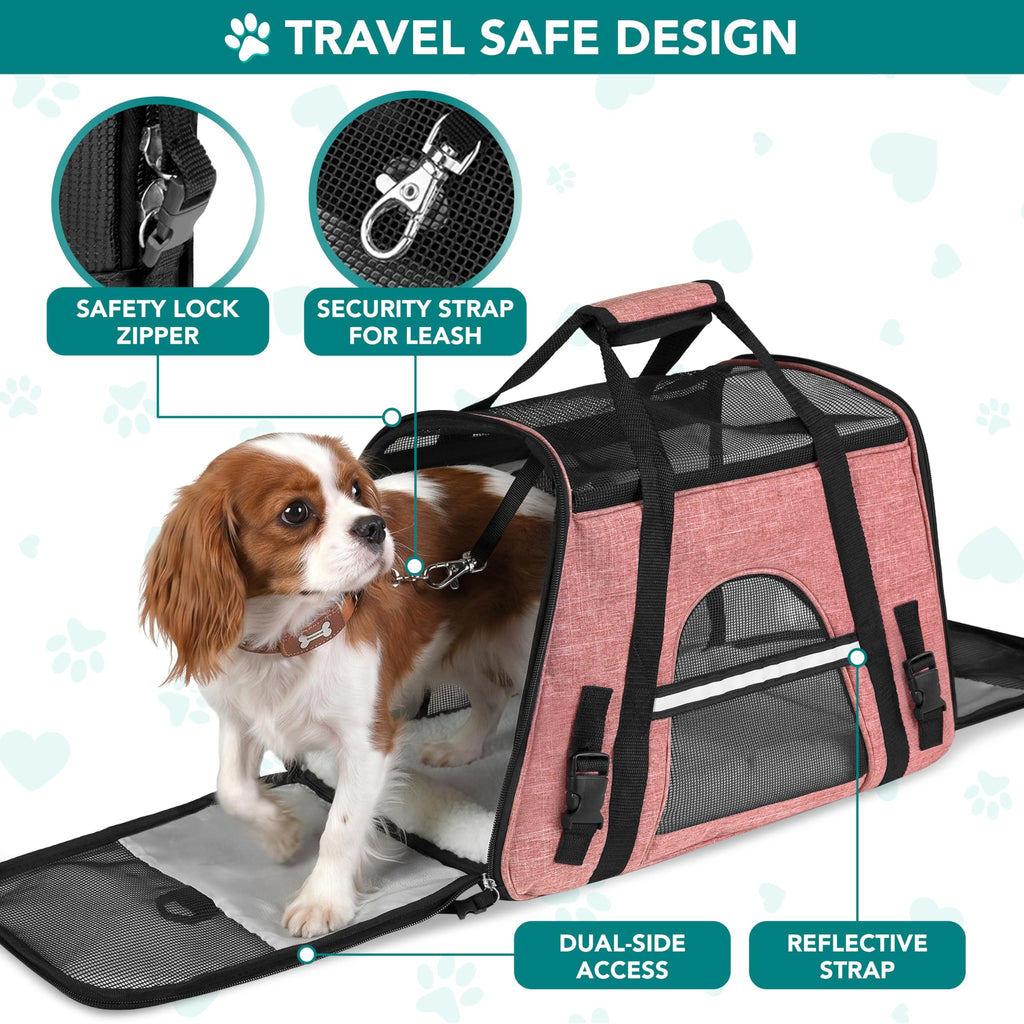 PetAmi Airline Approved Pet Carrier for Cats & Small Dogs - Soft Sided Travel Bag with Sherpa Bed, Light Red, Up to 18 lbs