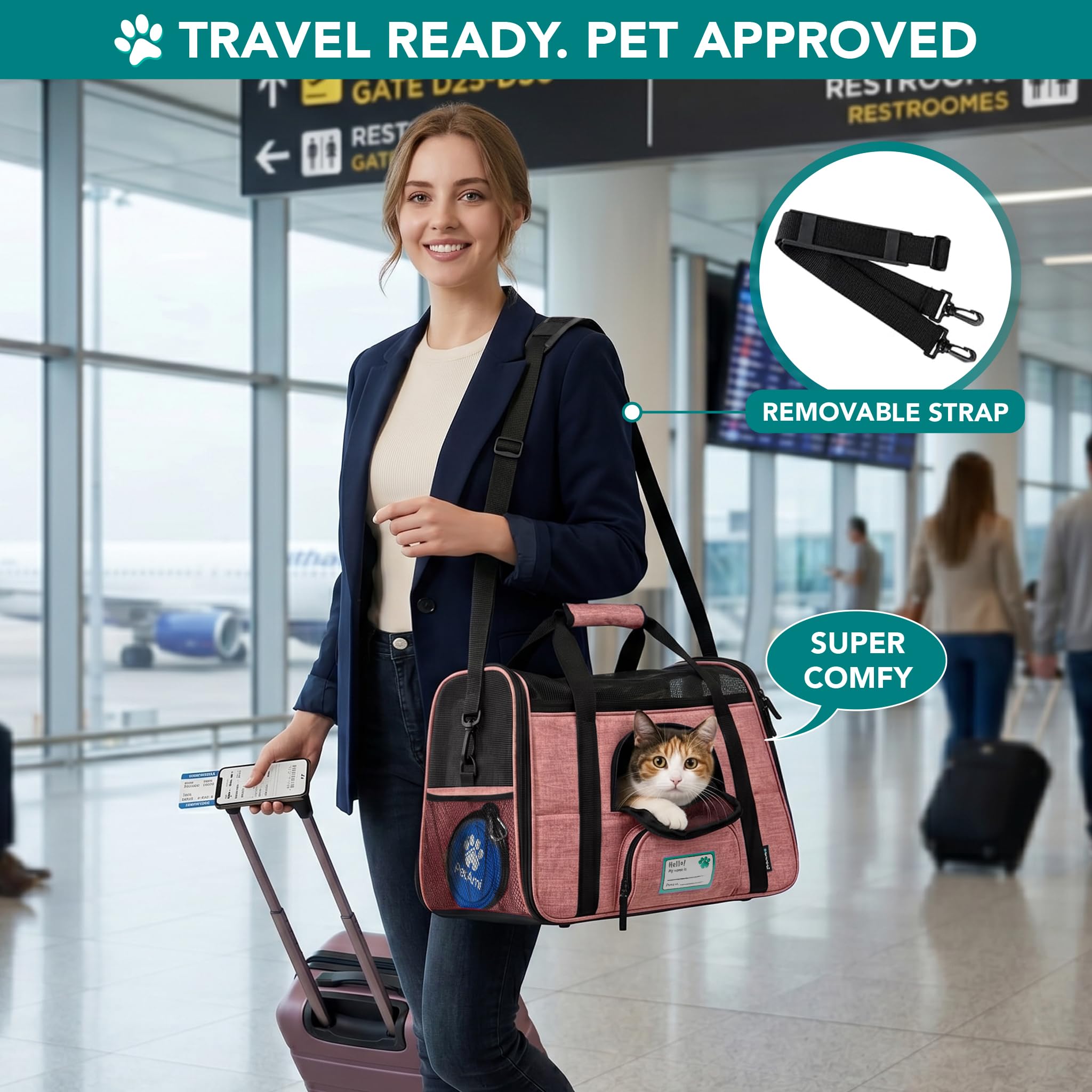PetAmi Airline Approved Pet Carrier for Cats & Small Dogs - Soft Sided Travel Bag with Sherpa Bed, Light Red, Up to 18 lbs