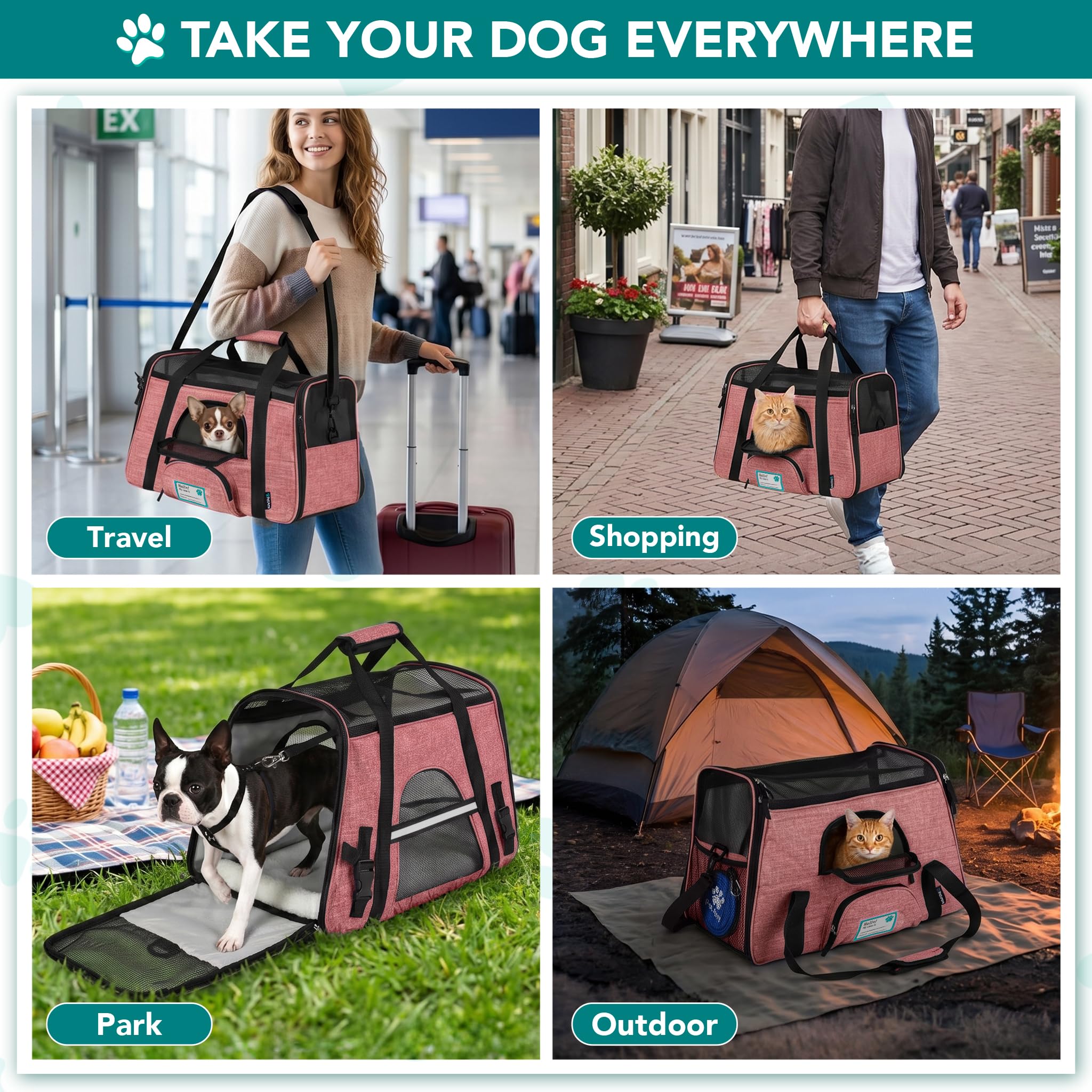 PetAmi Airline Approved Pet Carrier for Cats & Small Dogs - Soft Sided Travel Bag with Sherpa Bed, Light Red, Up to 18 lbs