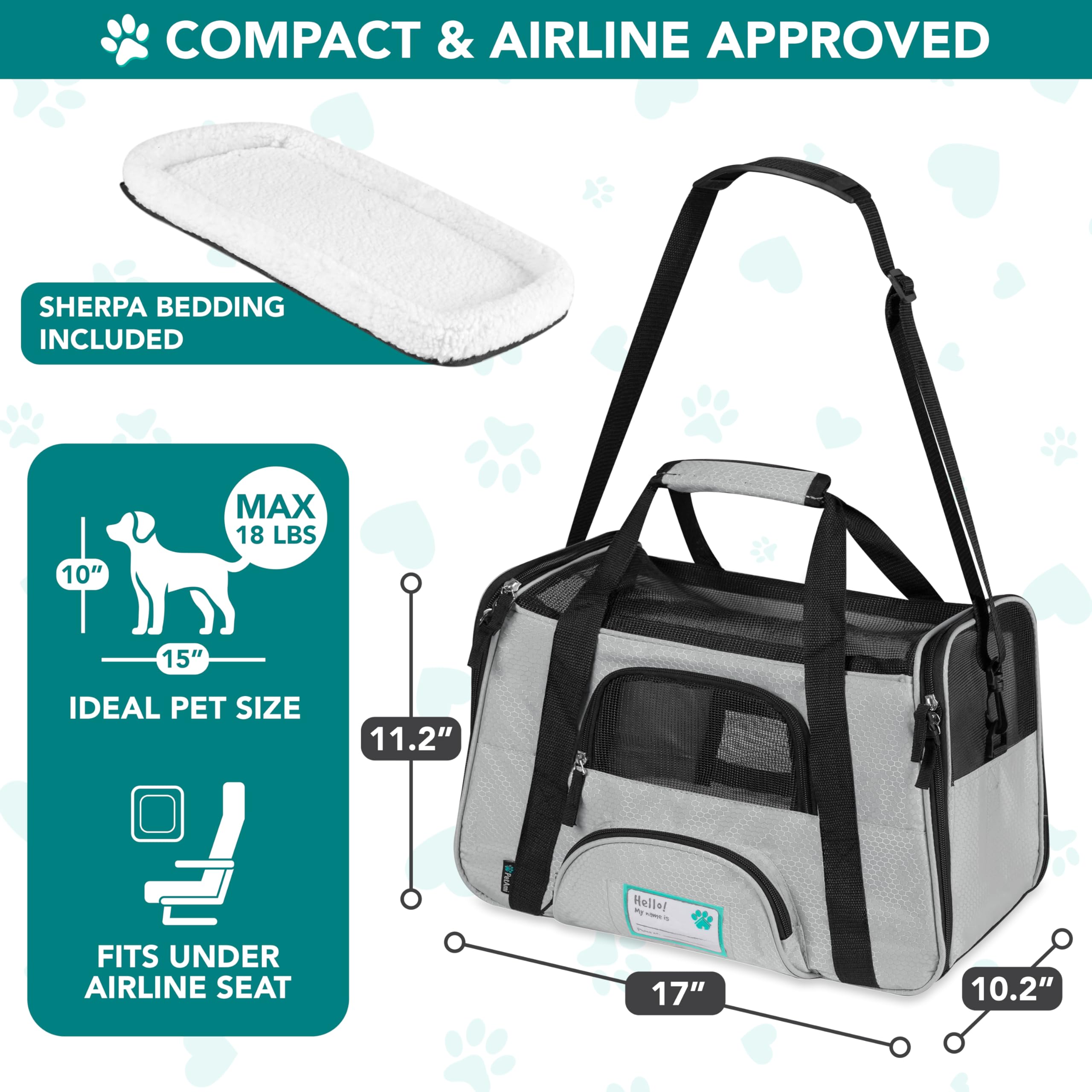 PetAmi Airline Approved Pet Carrier for Cats & Small Dogs, Soft Sided, Gray, Up to 18 lbs