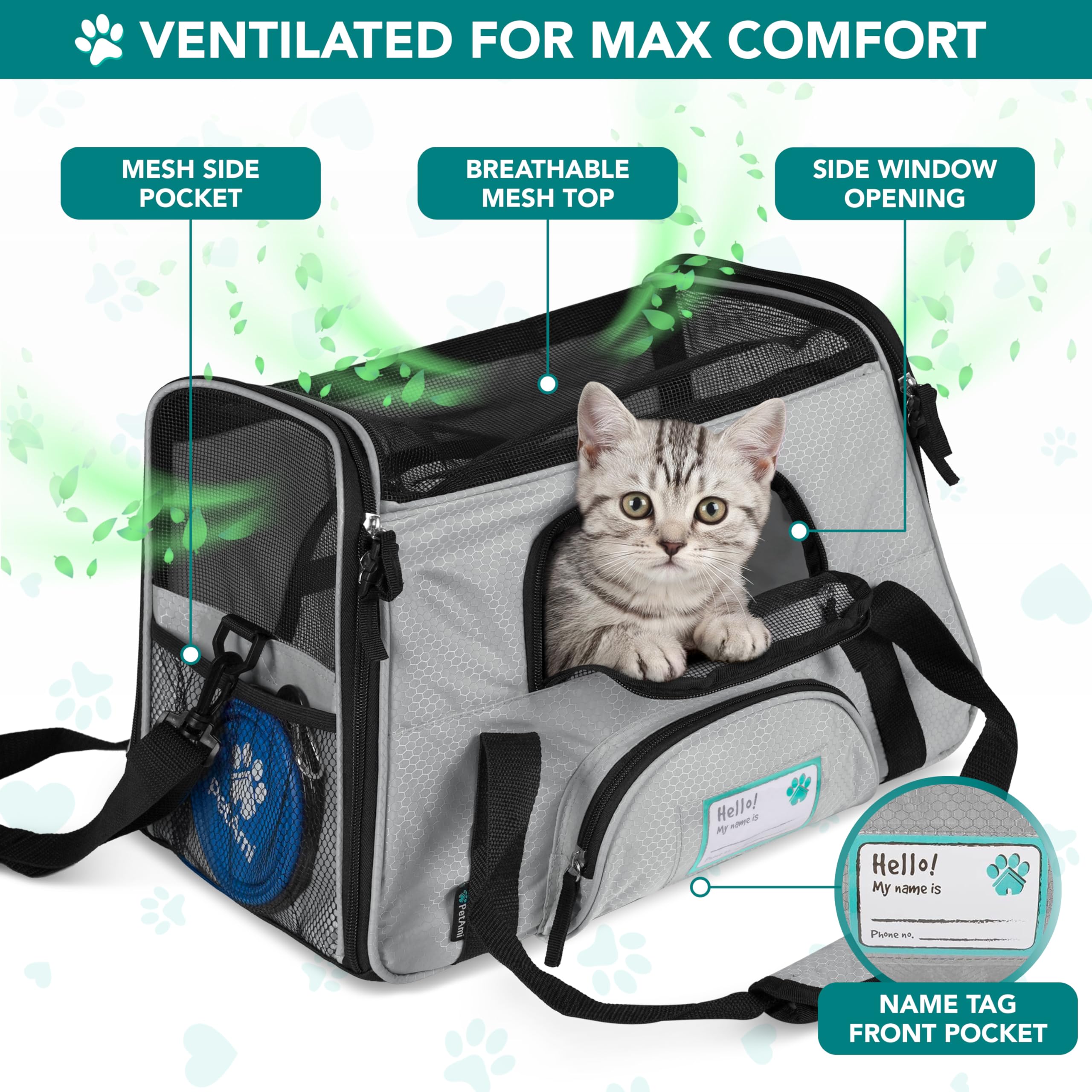 PetAmi Airline Approved Pet Carrier for Cats & Small Dogs, Soft Sided, Gray, Up to 18 lbs
