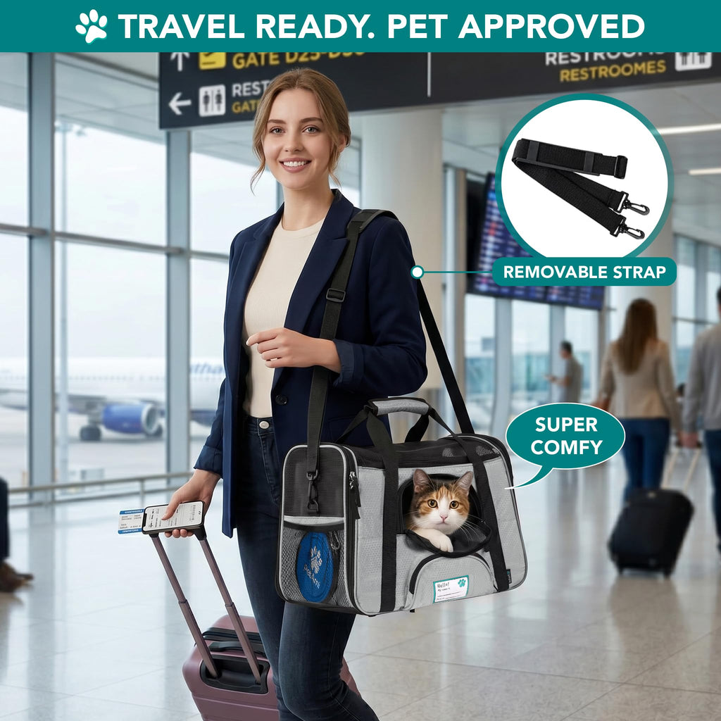 PetAmi Airline Approved Pet Carrier for Cats & Small Dogs, Soft Sided, Gray, Up to 18 lbs
