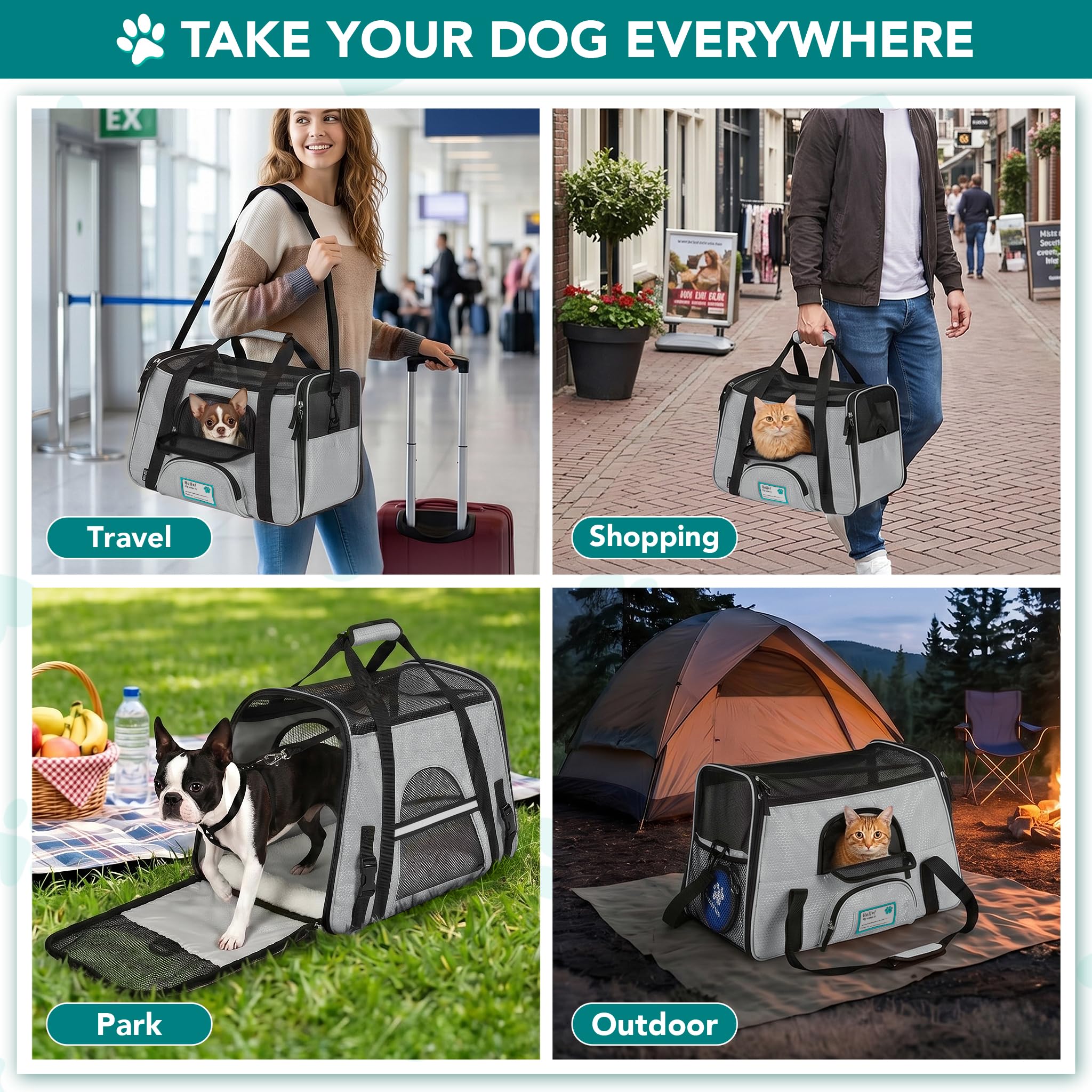 PetAmi Airline Approved Pet Carrier for Cats & Small Dogs, Soft Sided, Gray, Up to 18 lbs