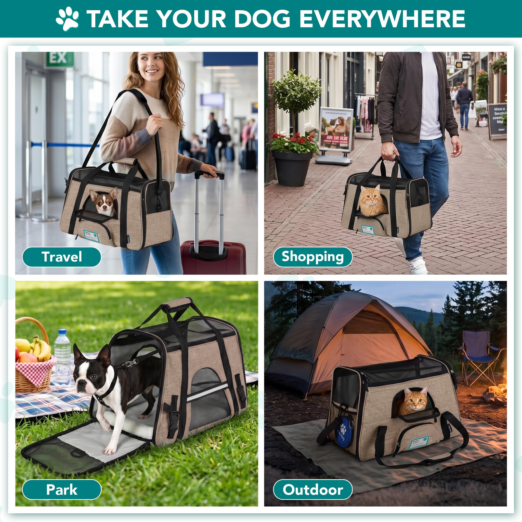 PetAmi Airline Approved Pet Carrier, Small, Heather Taupe - Soft Sided with Sherpa Bed and Collapsible Bowl