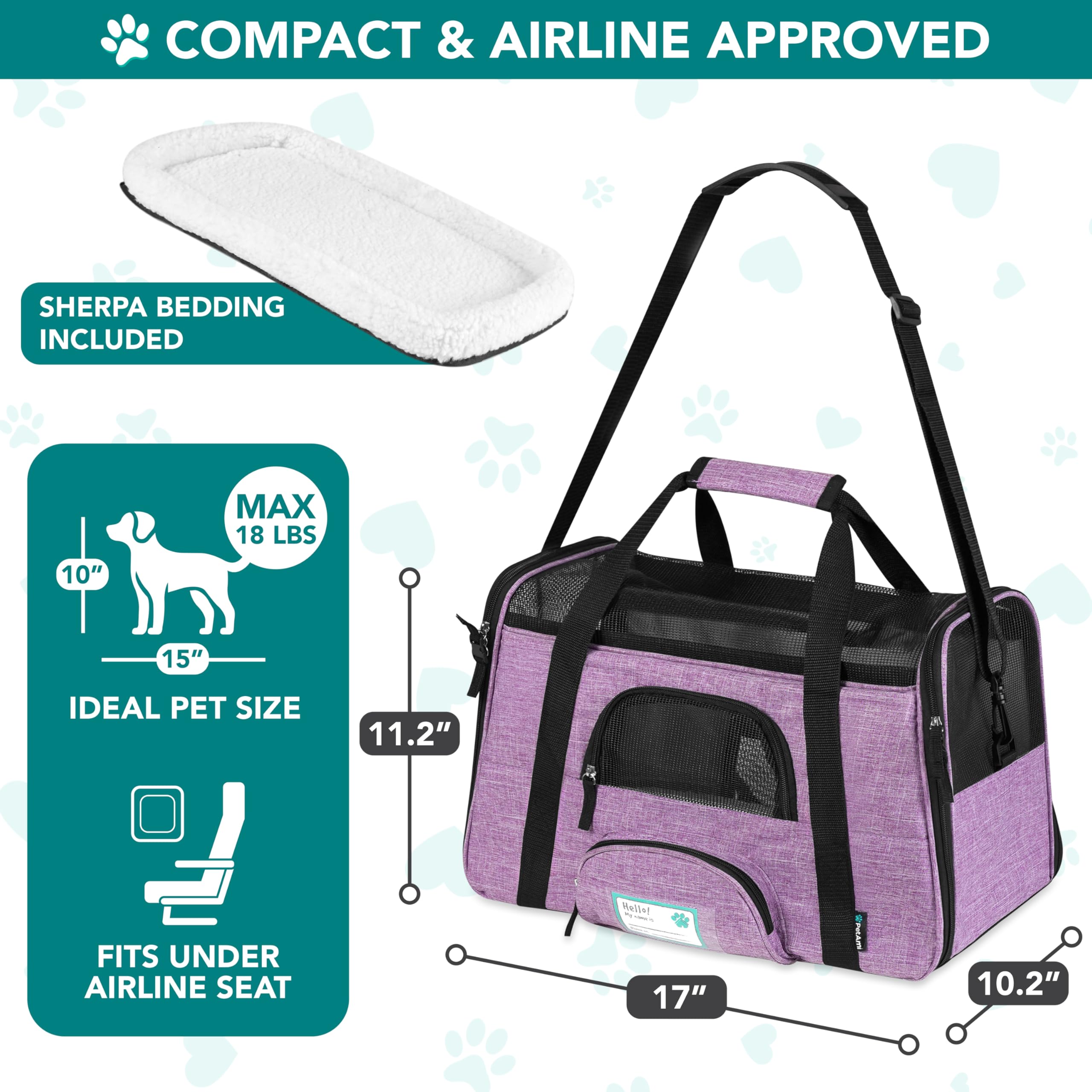PetAmi Airline Approved Soft Sided Pet Carrier for Cats & Small Dogs - Up to 18 lbs, Heather Purple