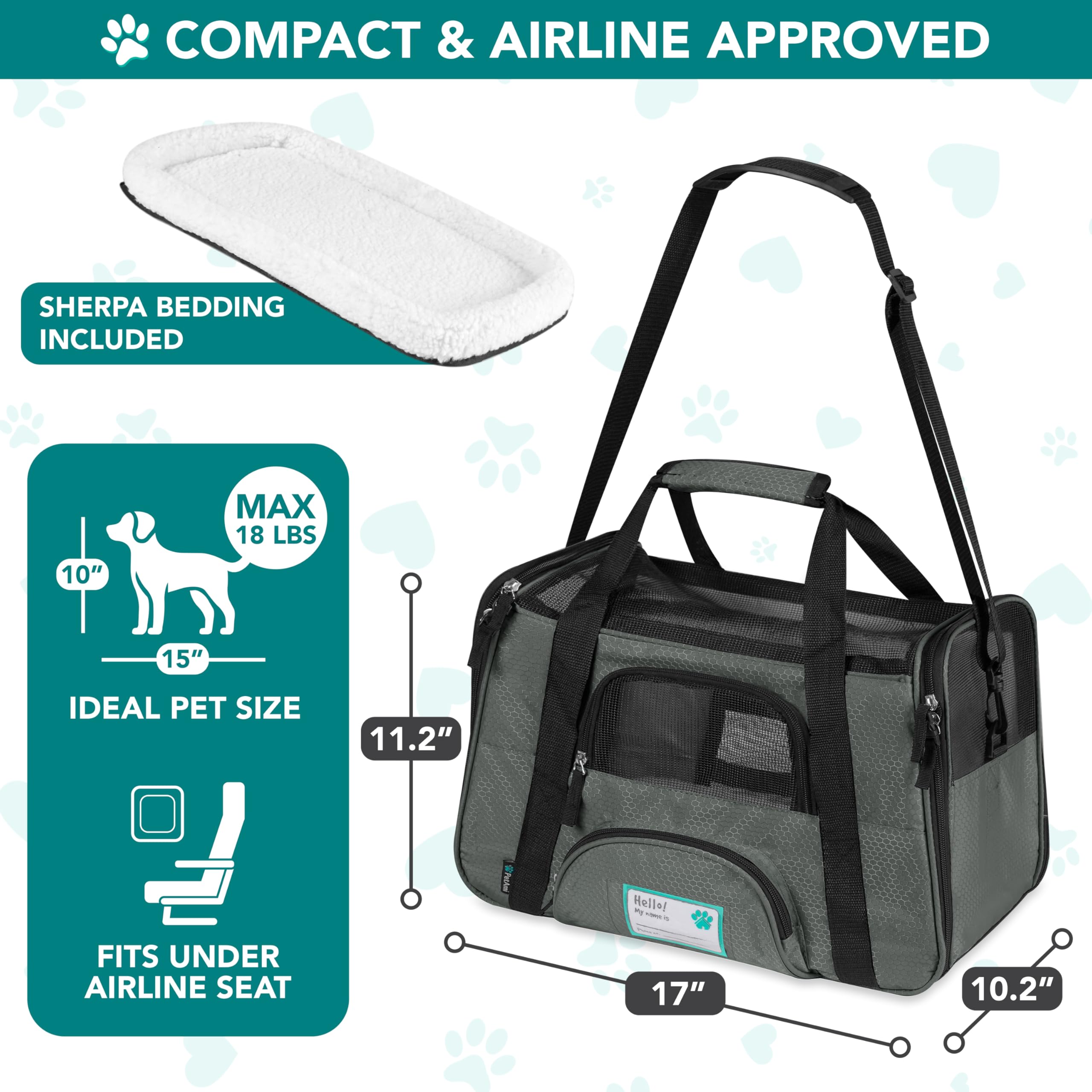PetAmi Airline Approved Soft Sided Pet Carrier for Small Dogs & Cats - Dark Gray, Up to 18 lbs, Fits Under Seat
