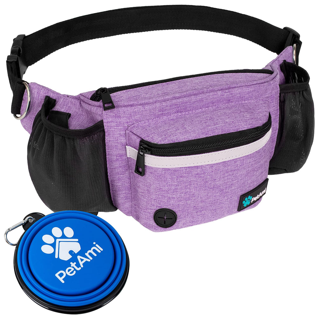 PetAmi Dog Fanny Pack - Purple Treat Pouch with Poop Bag Dispenser and Collapsible Bowl for Walking & Training