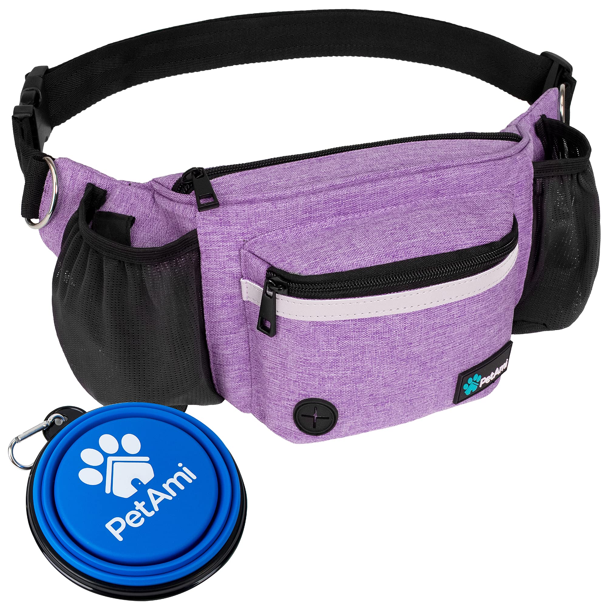 PetAmi Dog Fanny Pack - Purple Treat Pouch with Poop Bag Dispenser and Collapsible Bowl for Walking & Training