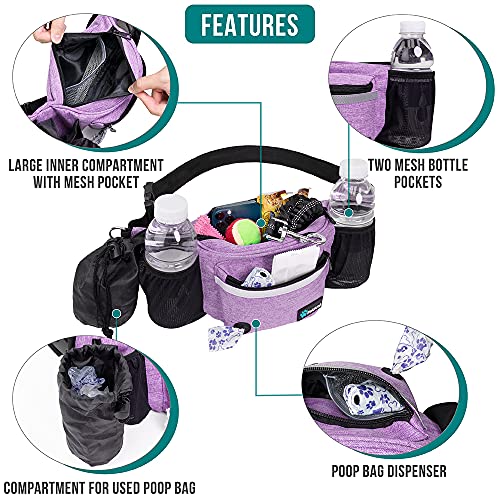 PetAmi Dog Fanny Pack - Purple Treat Pouch with Poop Bag Dispenser and Collapsible Bowl for Walking & Training