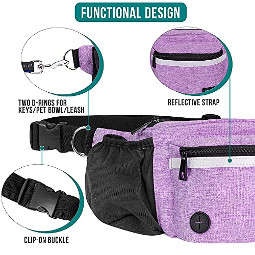 PetAmi Dog Fanny Pack - Purple Treat Pouch with Poop Bag Dispenser and Collapsible Bowl for Walking & Training
