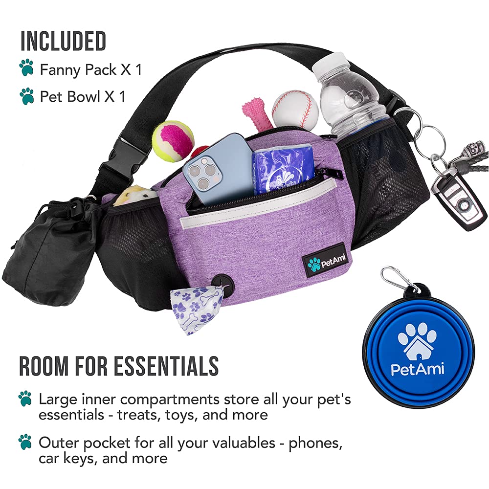 PetAmi Dog Fanny Pack - Purple Treat Pouch with Poop Bag Dispenser and Collapsible Bowl for Walking & Training