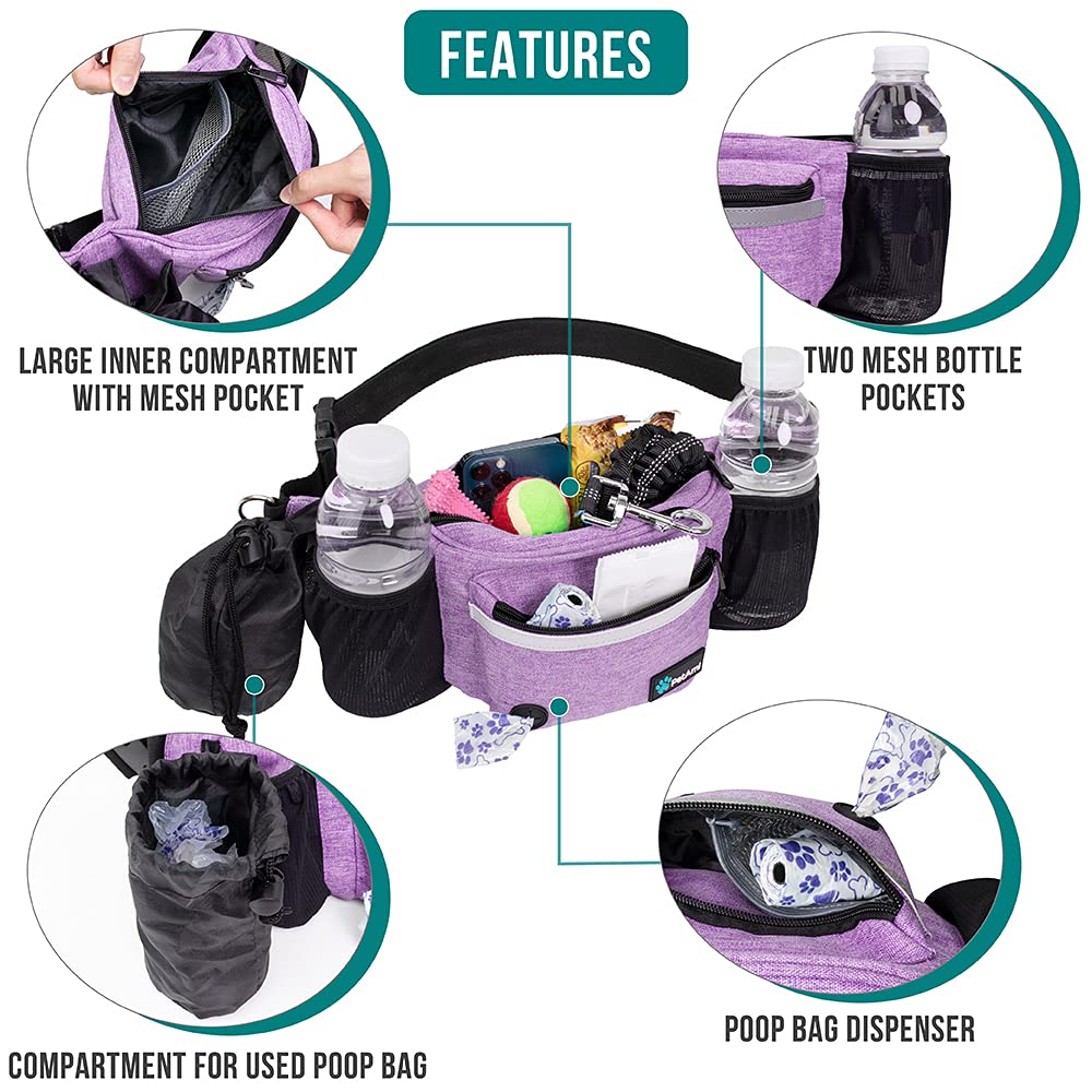 PetAmi Dog Fanny Pack - Purple Treat Pouch with Poop Bag Dispenser and Collapsible Bowl for Walking & Training