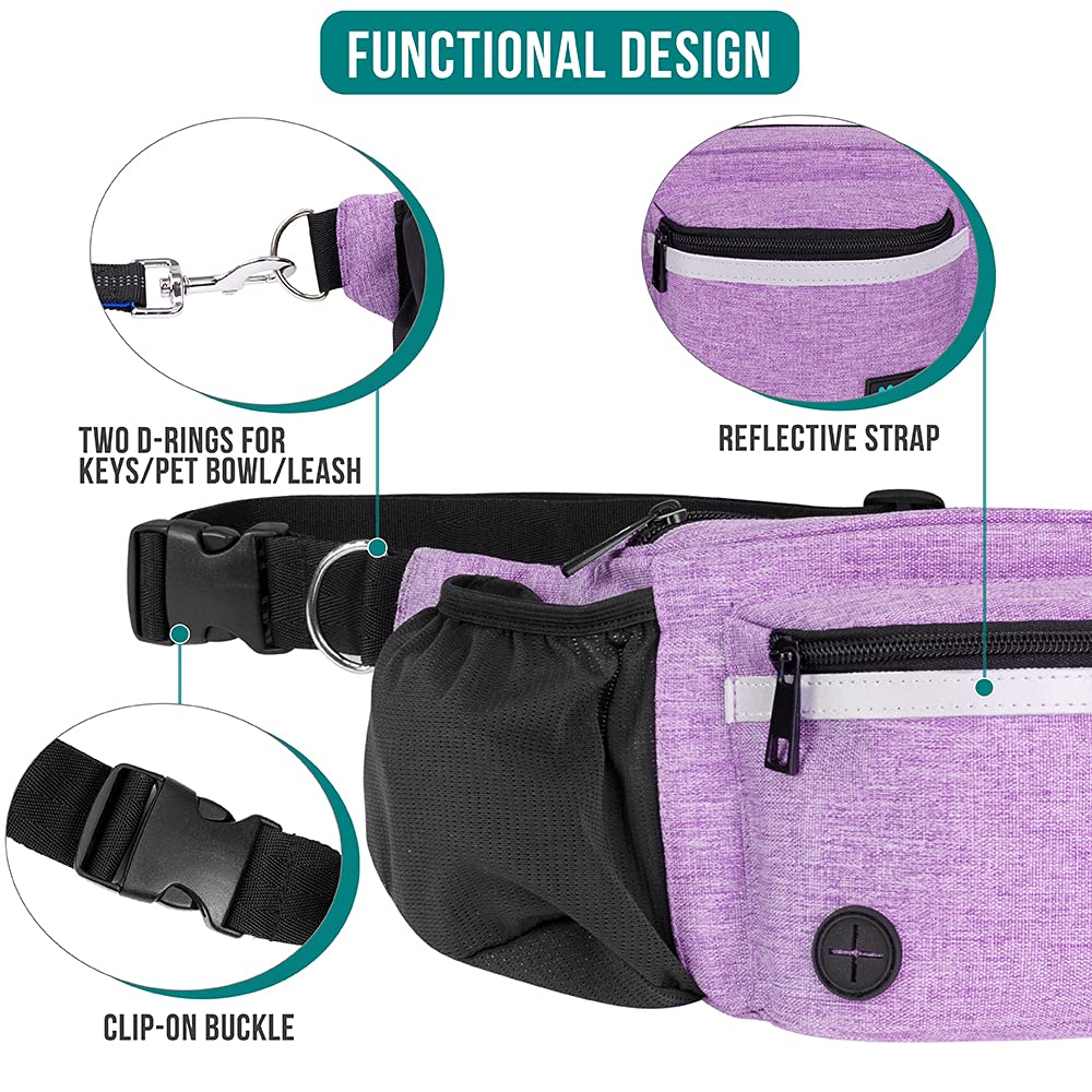 PetAmi Dog Fanny Pack - Purple Treat Pouch with Poop Bag Dispenser and Collapsible Bowl for Walking & Training
