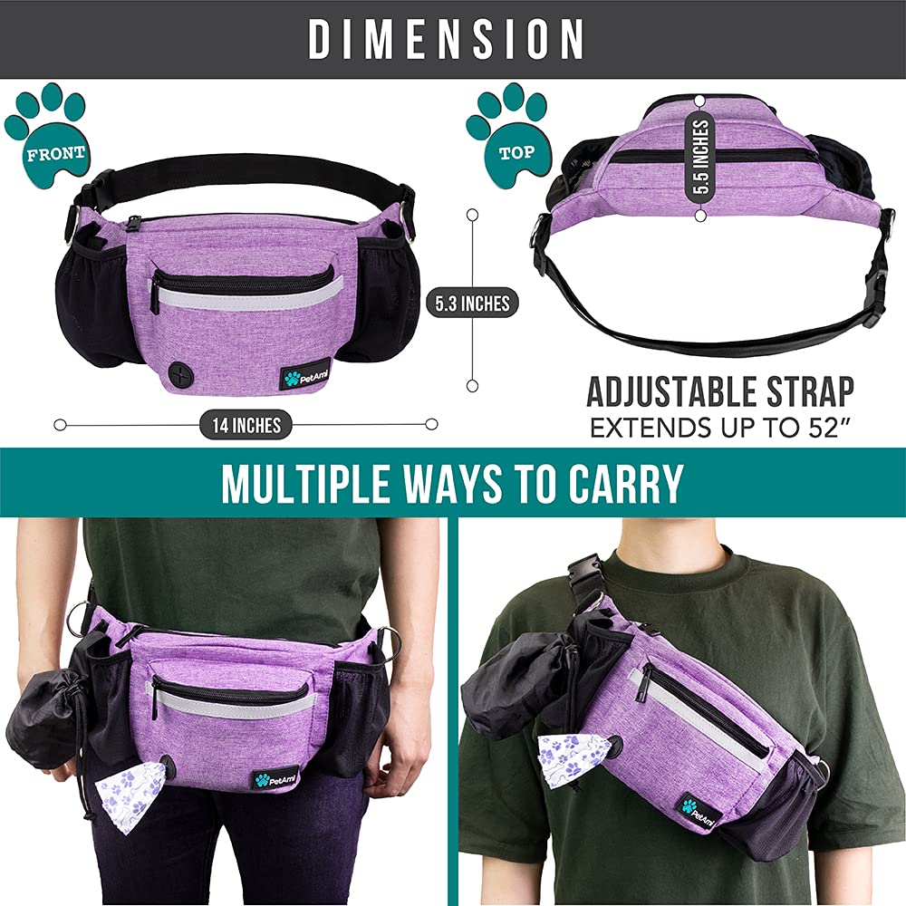 PetAmi Dog Fanny Pack - Purple Treat Pouch with Poop Bag Dispenser and Collapsible Bowl for Walking & Training