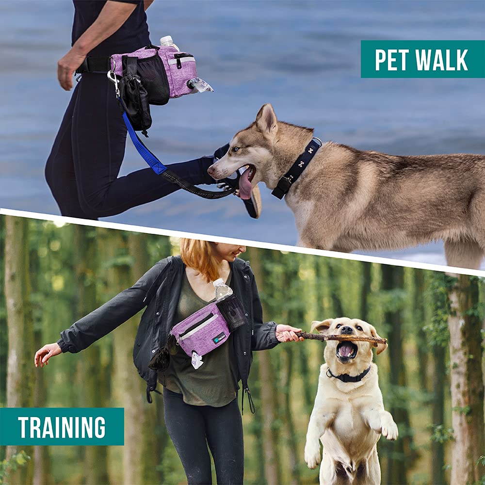 PetAmi Dog Fanny Pack - Purple Treat Pouch with Poop Bag Dispenser and Collapsible Bowl for Walking & Training