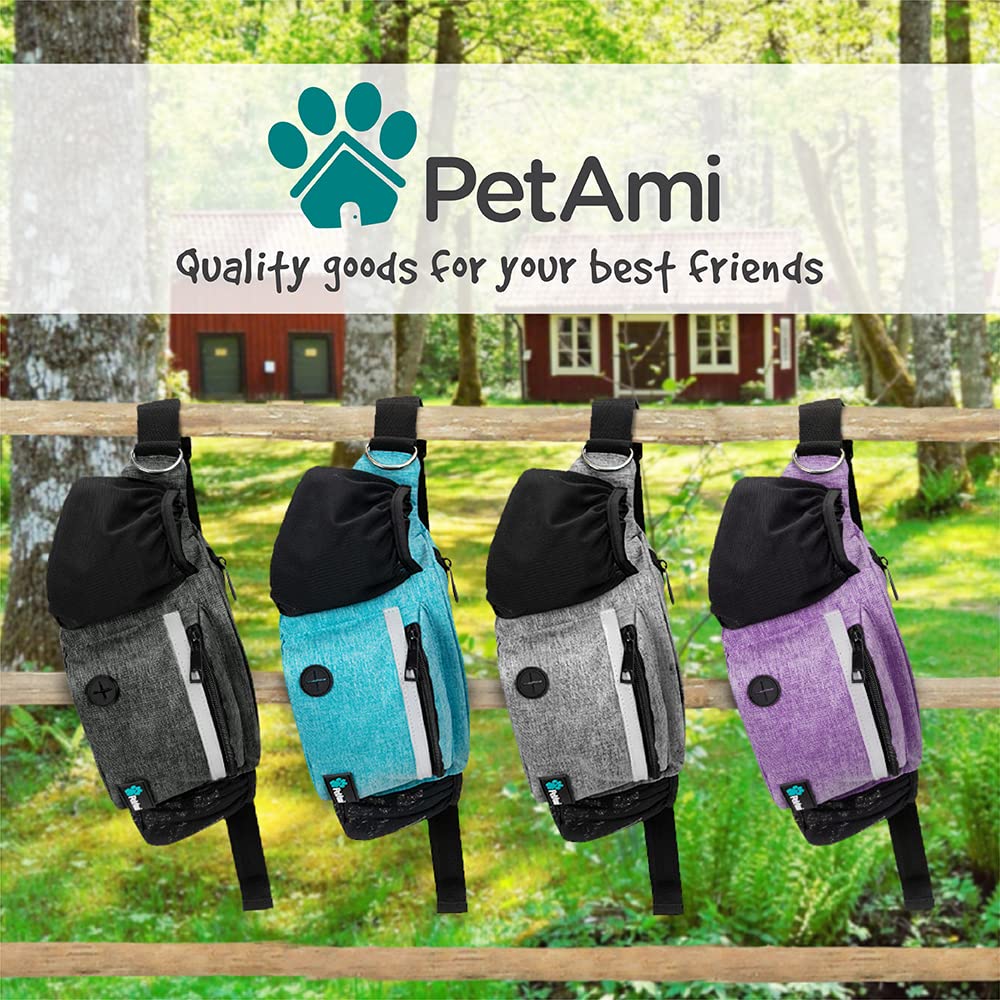 PetAmi Dog Fanny Pack - Purple Treat Pouch with Poop Bag Dispenser and Collapsible Bowl for Walking & Training