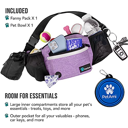 PetAmi Dog Fanny Pack - Purple Treat Pouch with Poop Bag Dispenser and Collapsible Bowl for Walking & Training