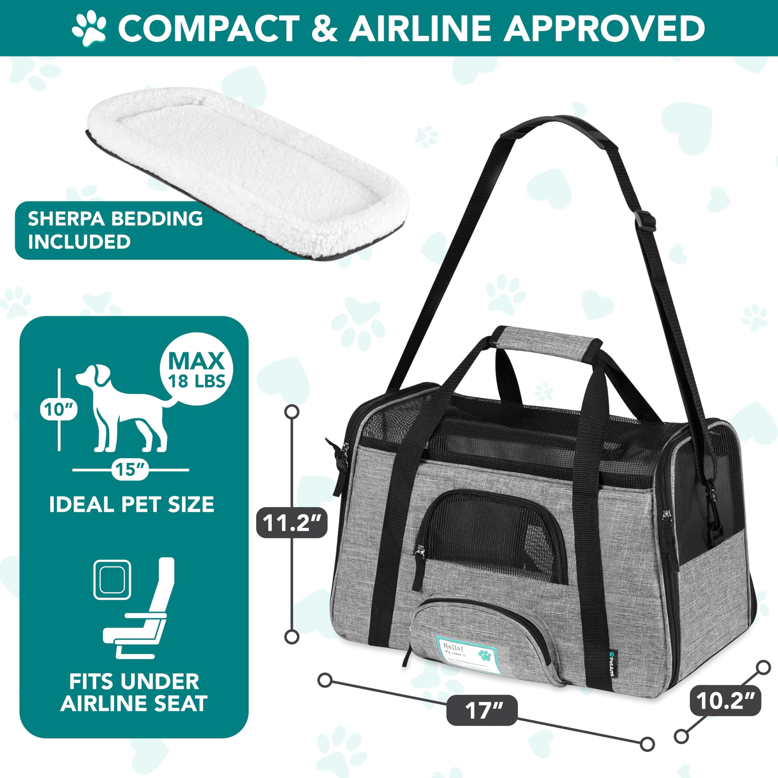 PetAmi Soft Sided Pet Carrier for Cats & Small Dogs, Airline Approved, 17 x 10.2 x 11.2 inches, Heather Gray, Up to 18 lbs